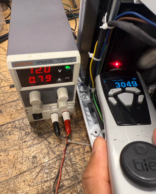 Power supply and tachometer used during fan evaluation.