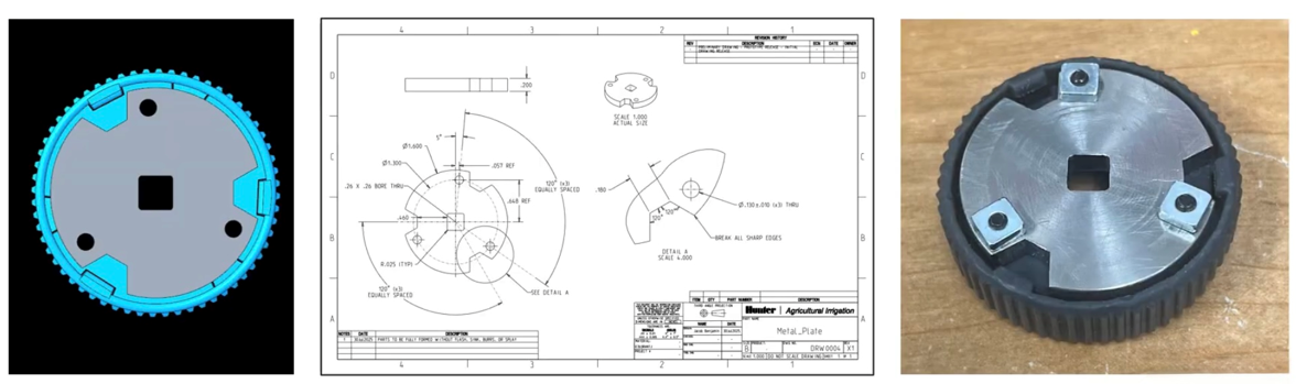 Fixture CAD, machining drawing, and manufactured stainless-steel fixture.