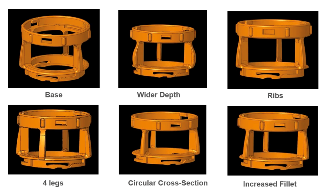 Bracket iterations: leg depth, ribs, leg count, cross-section, and fillets.