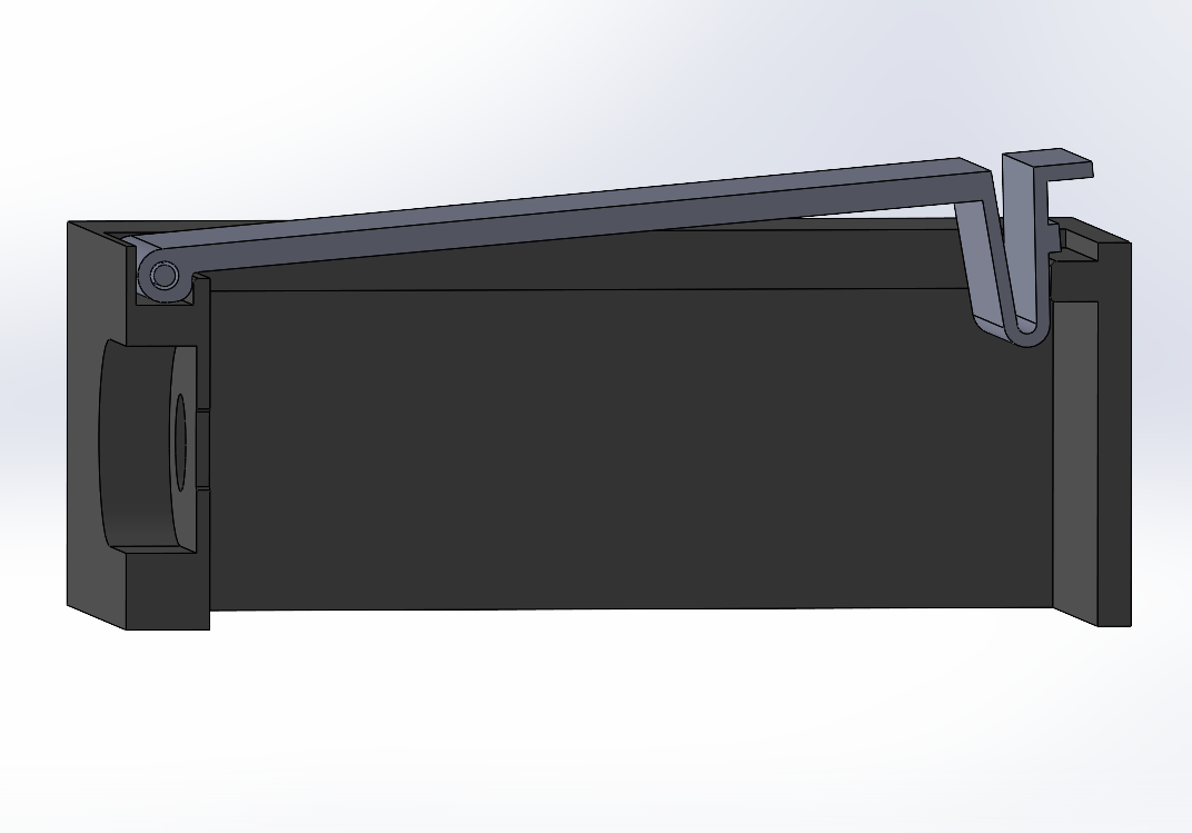Open battery door with a metal hinge rod and flexible closing feature.